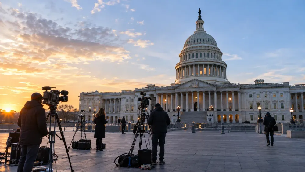 News cameras stand outside the U.S. Capitol before a major Senate vote.