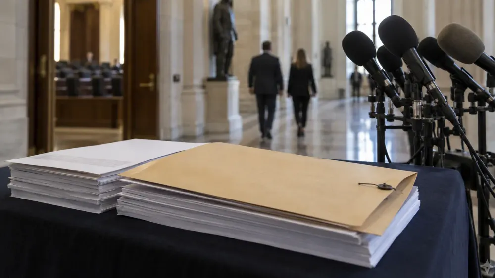 A sealed briefing folder and stacks of documents sit beside microphones in a congressional corridor.