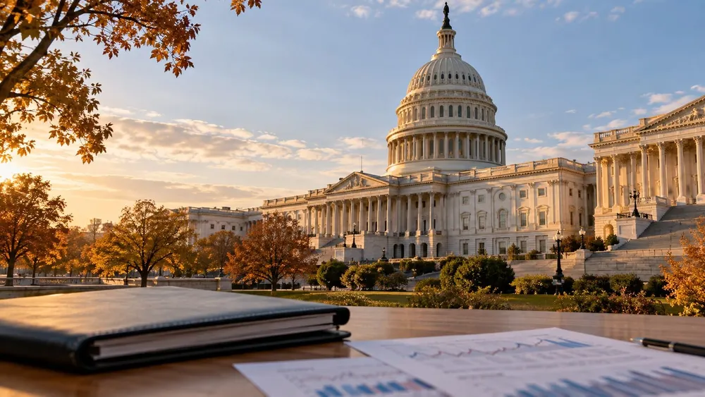 Illustrative view of the U.S. Capitol with financial documents in the foreground.