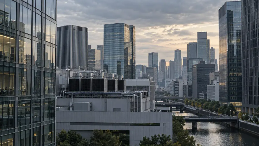 Modern glass office towers and data-center infrastructure in a financial district