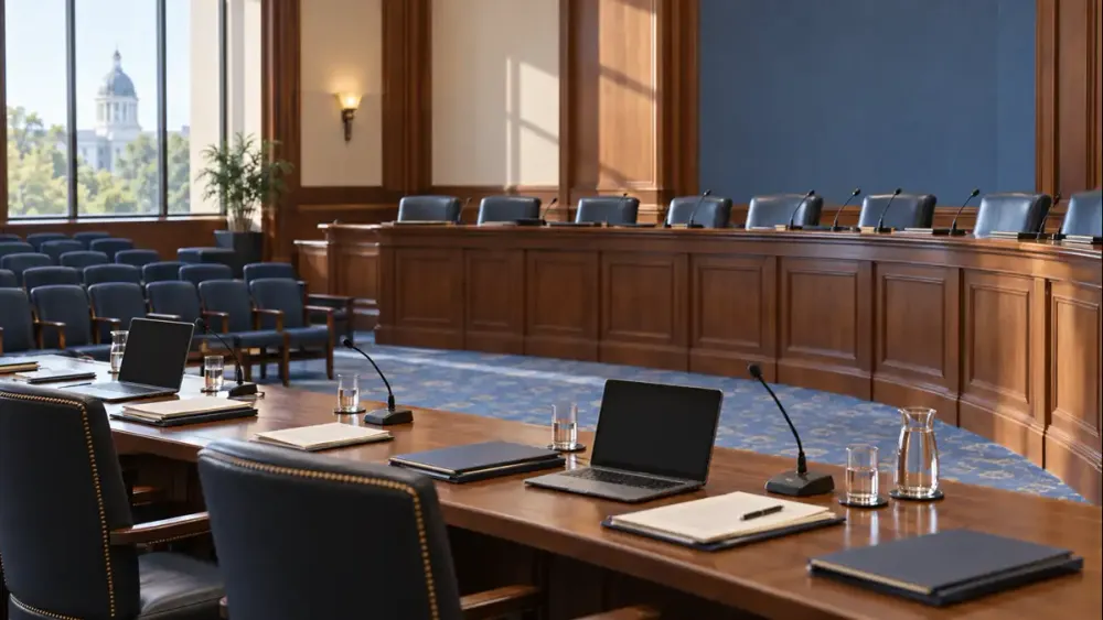 An empty state legislative committee room prepared with microphones, laptops and folders.