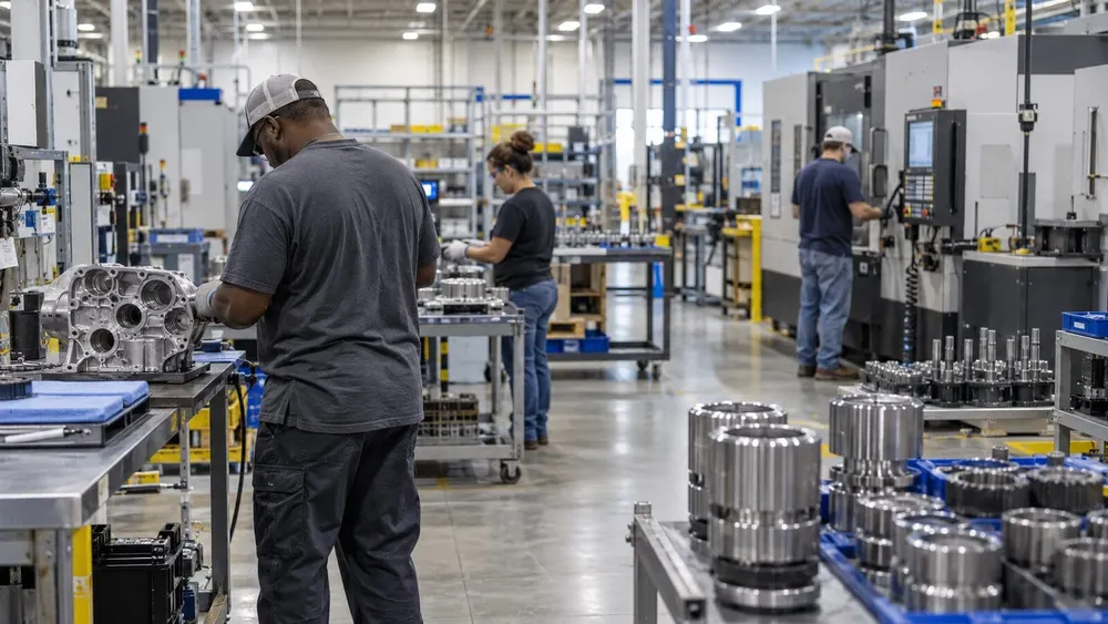 Workers inspect metal components on the floor of a modern manufacturing facility.