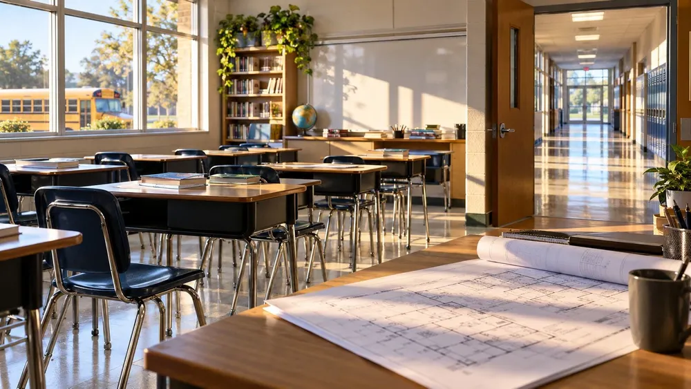 An empty public school classroom with desks, educational materials and building plans, with a school bus visible outside