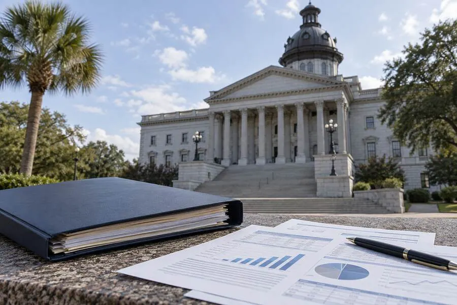 Financial documents and a policy binder arranged outside a generic South Carolina courthouse.