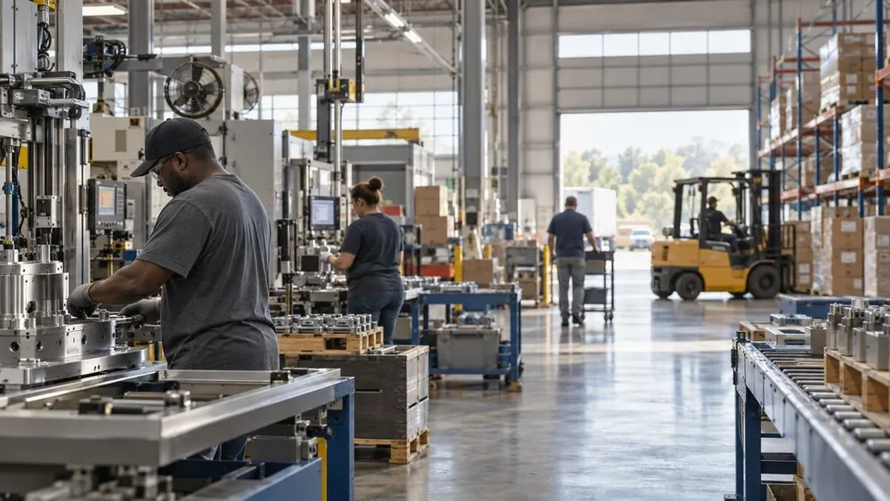 Editorial illustration of anonymous workers in a modern manufacturing and logistics facility.