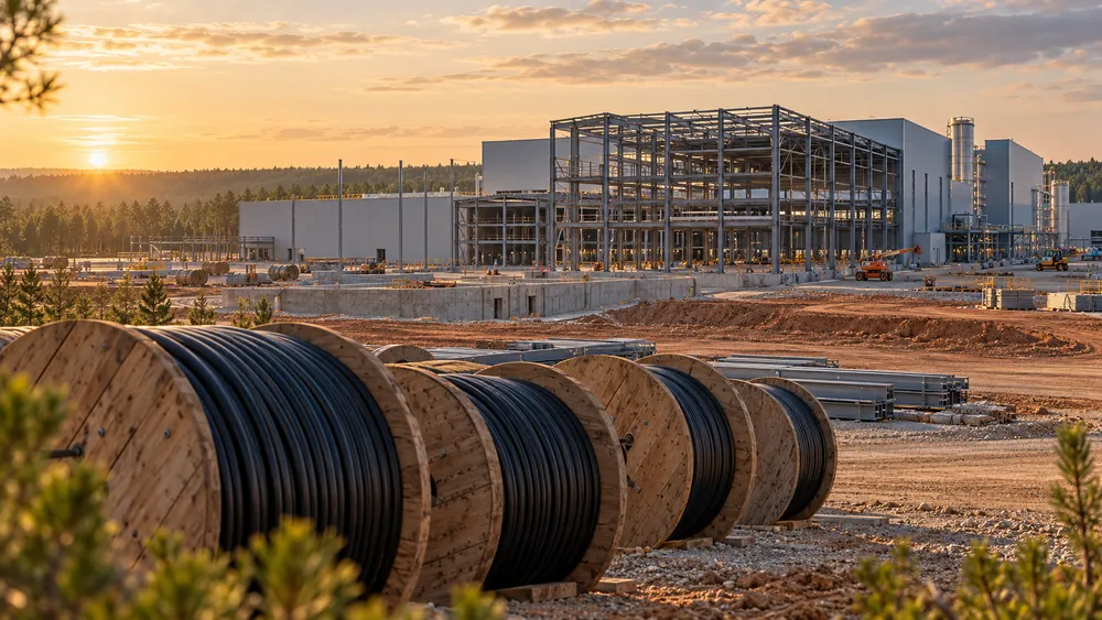 A large cable manufacturing facility under construction along a rural South Carolina industrial corridor