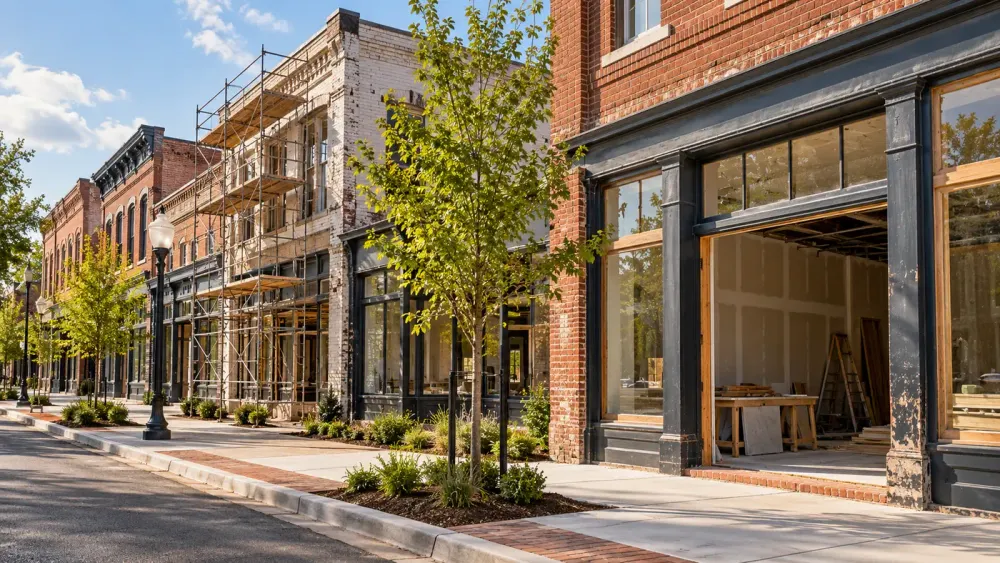 Anonymous Southern downtown storefronts undergoing renovation.