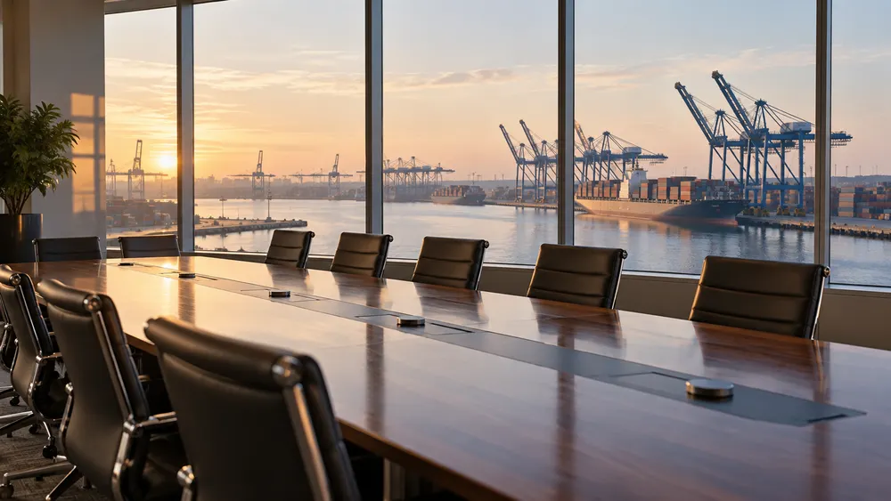 Empty port boardroom overlooking cargo cranes and container ships in South Carolina