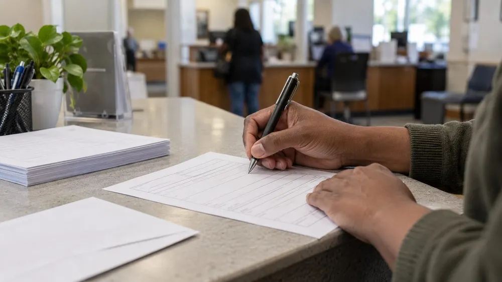 A voter completes a registration form at a county public-service counter.