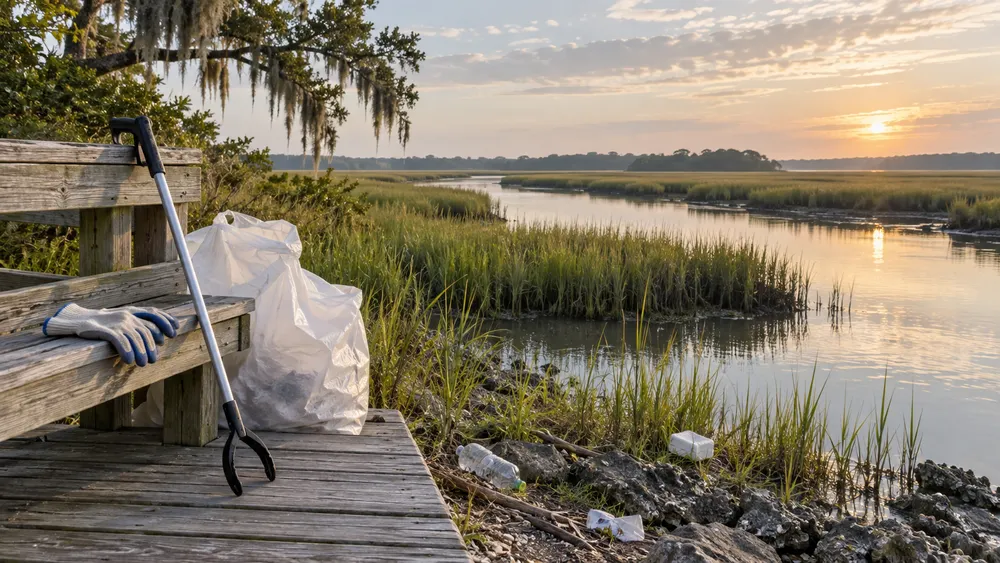 Illustrative cleanup gloves, litter grabber and collection bags beside a South Carolina salt marsh