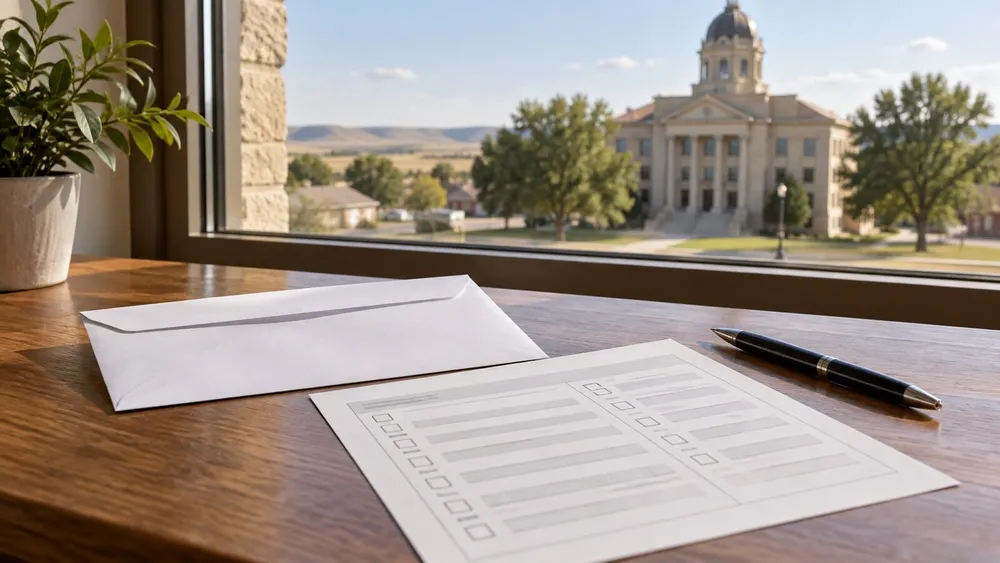An unmarked ballot, envelope and pen on a wooden table near a county courthouse