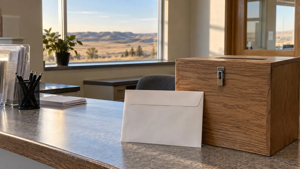 Blank absentee ballot envelope beside a wooden ballot box in a quiet county office overlooking prairie landscape