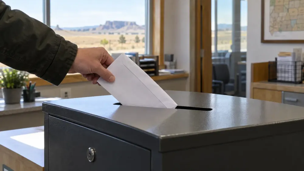An anonymous voter places a sealed absentee ballot envelope into a secure box inside a South Dakota county office.