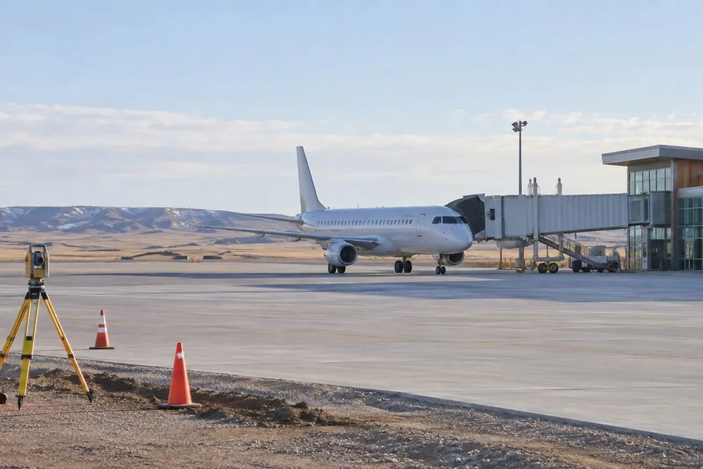 Editorial illustration of a regional passenger aircraft beside a modest South Dakota airport terminal and surveying equipment