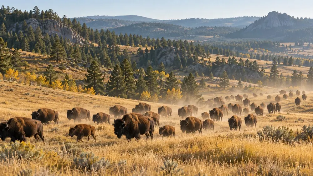 American bison moving through golden grassland in South Dakota’s Black Hills.