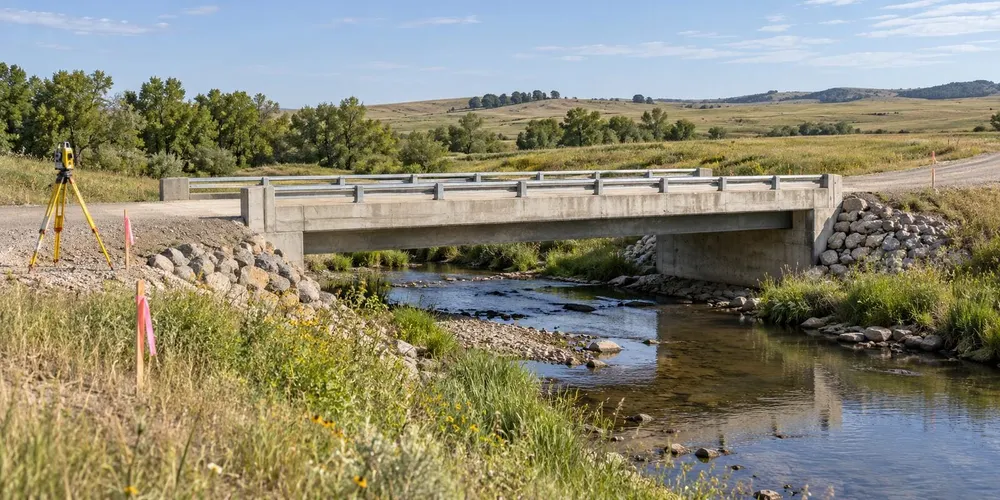 A concrete rural bridge over a prairie creek with survey equipment beside the road in South Dakota