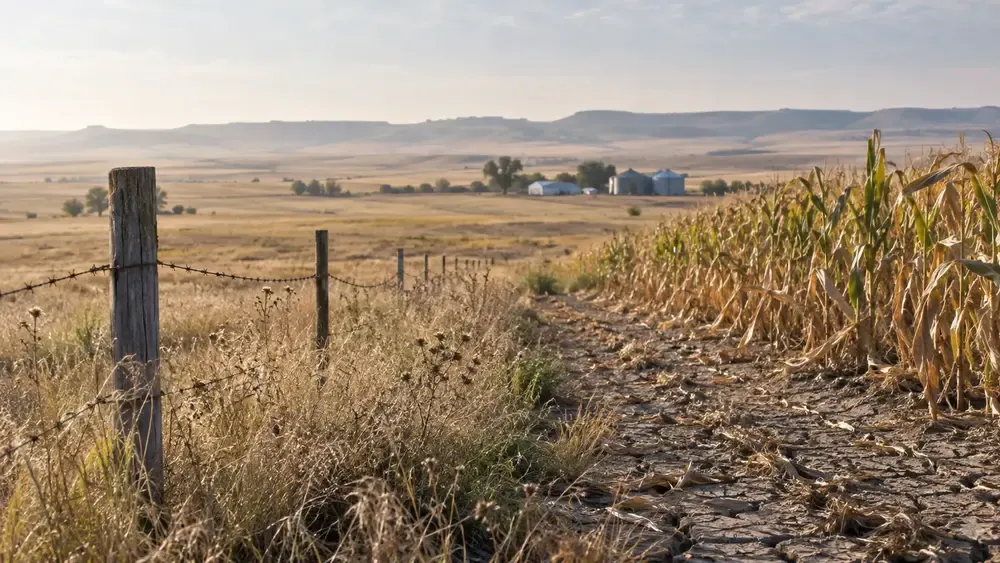 Dry South Dakota cornfield and pasture beside a fence under a hazy late-summer sky