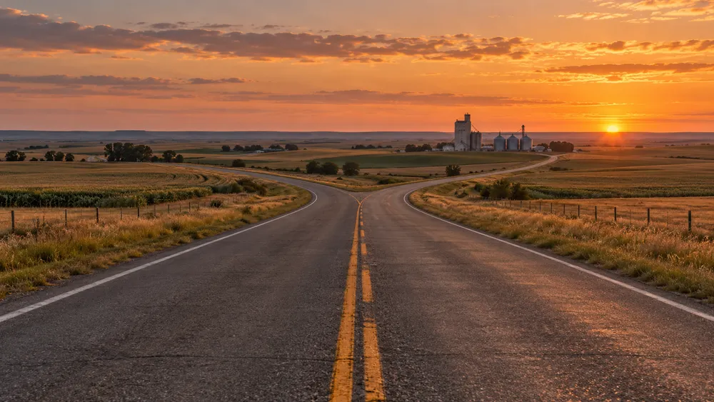 Open prairie highway and distant farm silos in South Dakota at dusk, illustrating statewide economic choices.