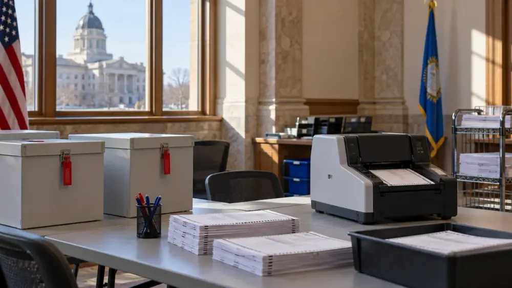Illustrative South Dakota election office with sealed ballot boxes and an optical scanner