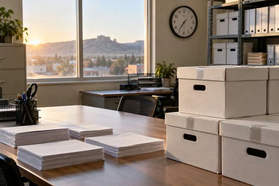 An empty election office desk with sealed ballot boxes and voting materials arranged under neutral daylight in South Dakota