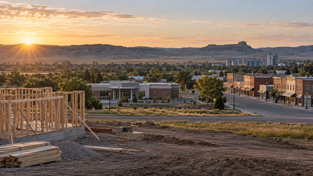 A South Dakota business landscape combining construction, healthcare and main-street activity at sunrise.