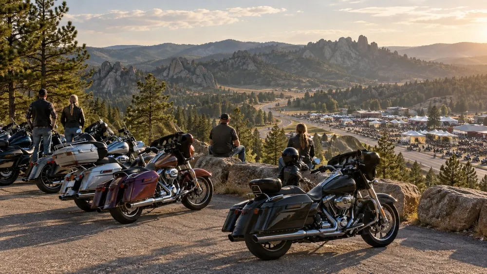 Unbranded motorcycles at a Black Hills overlook above a rally area in South Dakota.