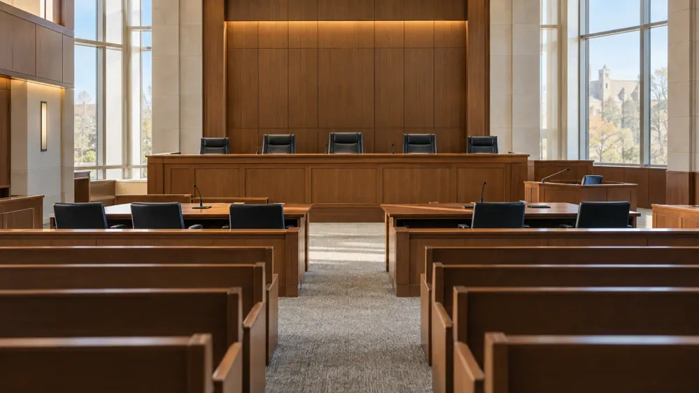 Illustrative view of an empty university law-school courtroom prepared for a five-justice appellate session.
