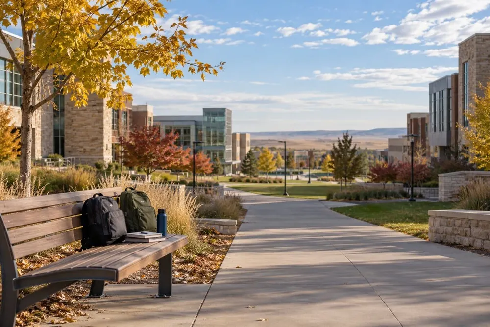 Conceptual South Dakota public university campus in early autumn with backpacks and notebooks on an empty bench