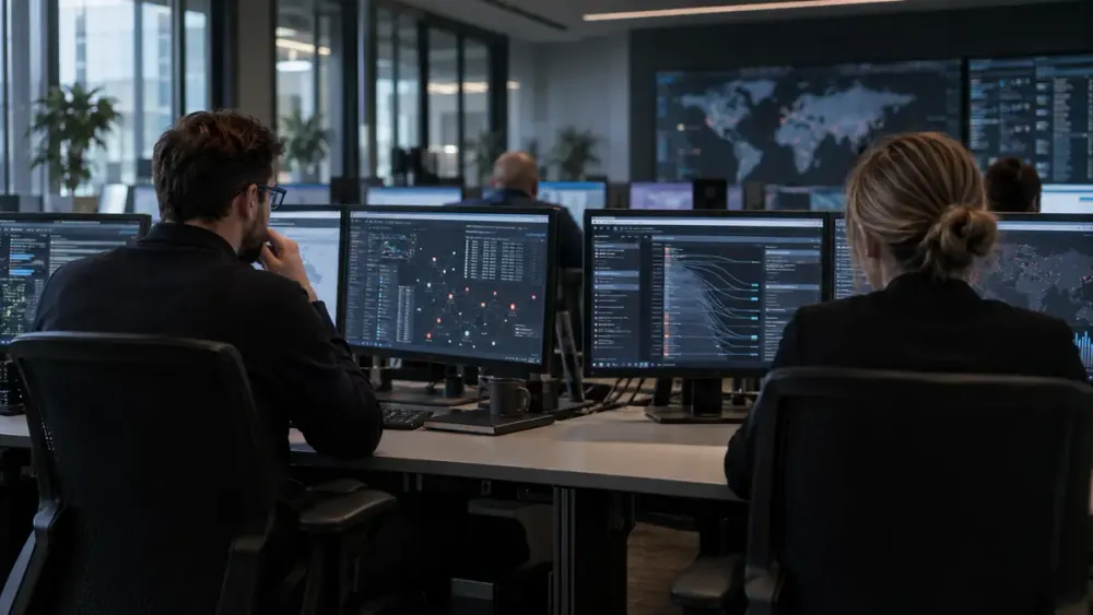 Cybersecurity analysts monitor unbranded workstations in a neutral security operations center.