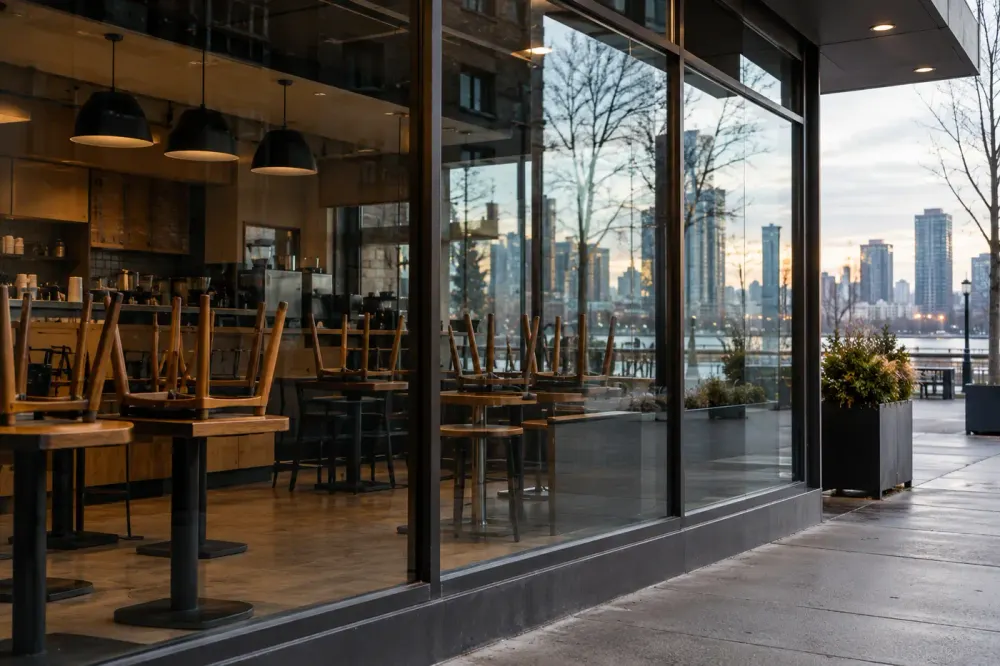 A closed, unbranded urban coffeehouse with chairs stacked on tables at dawn