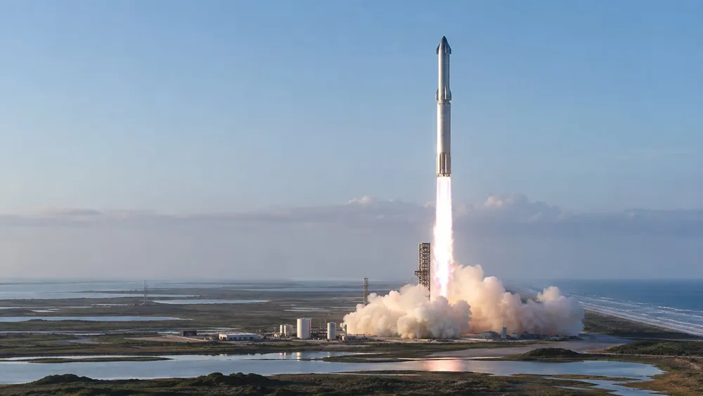 A stainless-steel heavy-lift rocket ascending above a South Texas coastal launch site at sunrise.