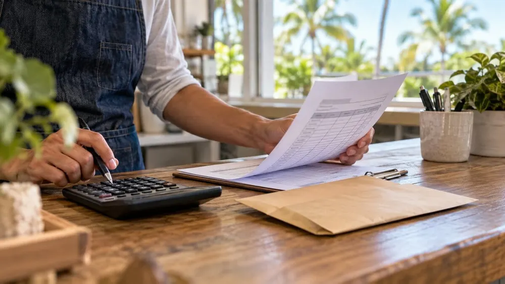An illustrative view of a Florida worker reviewing a timesheet with a calculator at a small-business counter