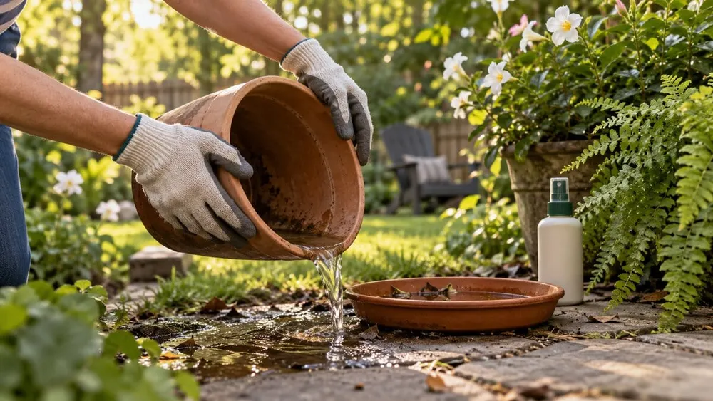 An illustrative view of a Georgia resident emptying standing water from a flowerpot to reduce mosquito breeding