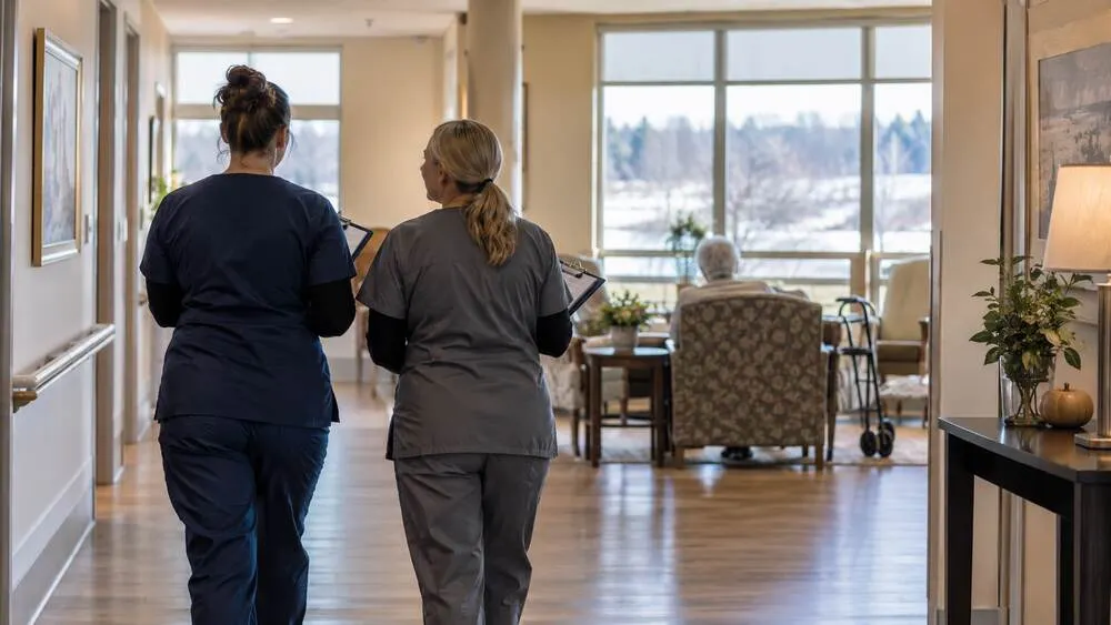 Two nursing-home workers walking through a bright long-term-care hallway