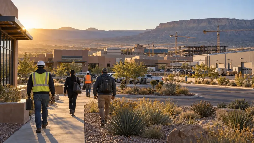 Workers walk toward a commercial and light-industrial district in the New Mexico high desert at sunrise.
