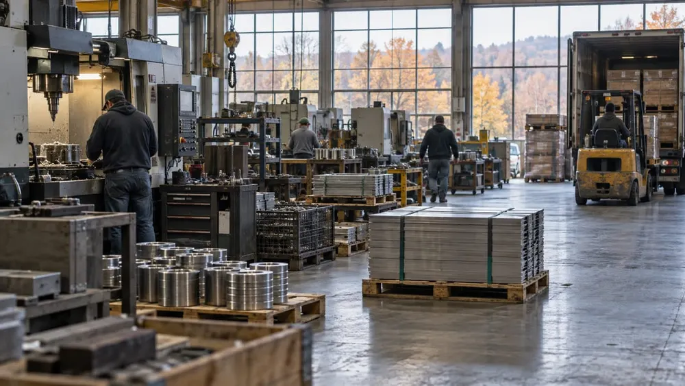 Workers operate machinery and prepare metal products for shipment inside an upstate New York factory.