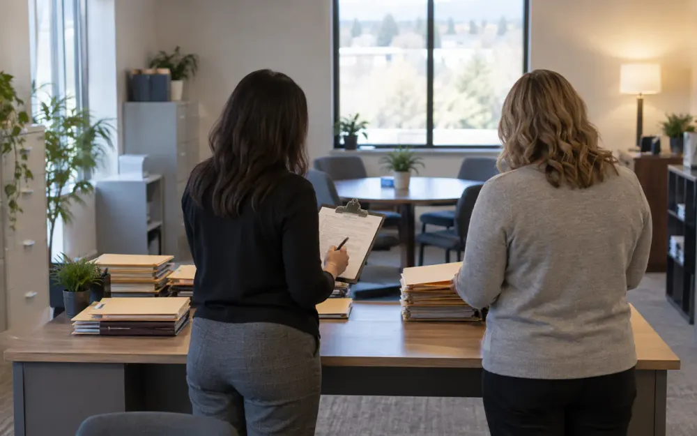 Two public-service employees reviewing organized case folders in an office