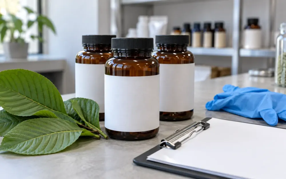 Plain amber supplement bottles, green leaves and an inspection clipboard on a counter