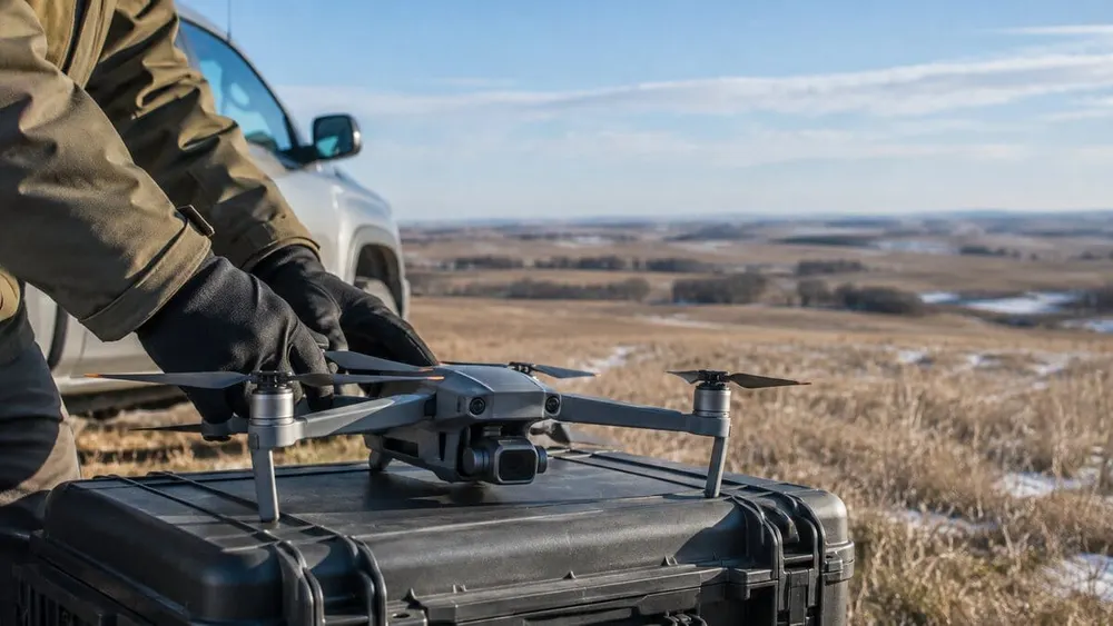 Anonymous field staff checking a compact professional drone on an equipment case beside the North Dakota prairie.