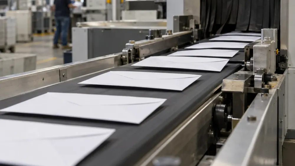Plain sealed envelopes move through a generic mail-sorting facility