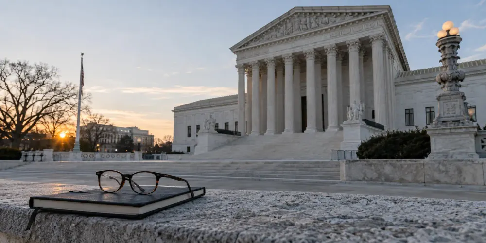 The U.S. Supreme Court at dawn with a closed academic notebook and reading glasses in the foreground