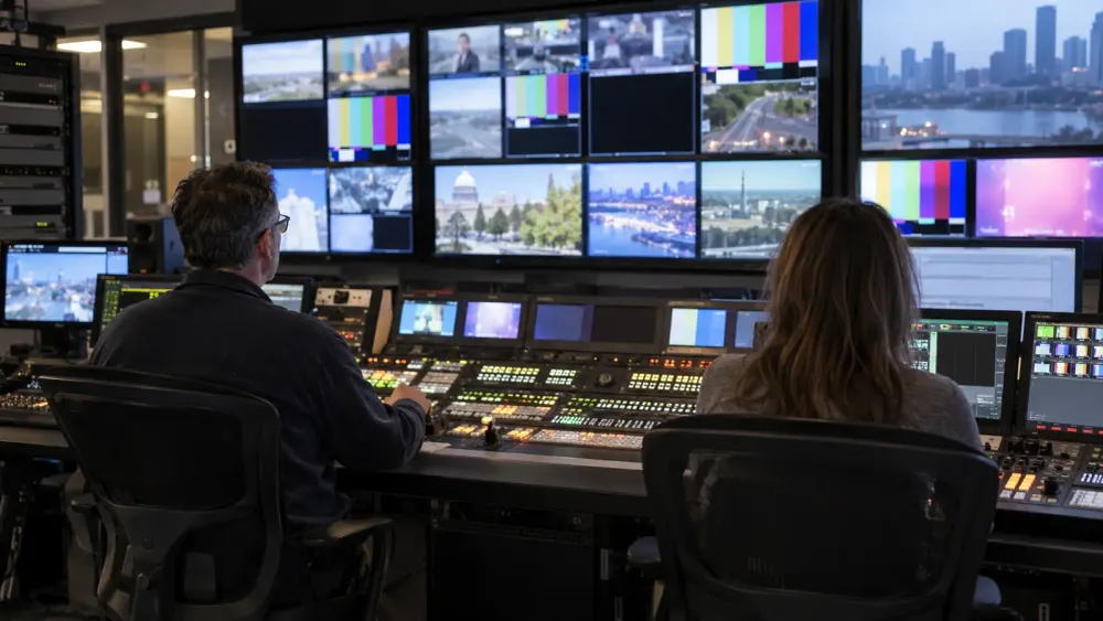 Two television technicians work in an unbranded local broadcast control room