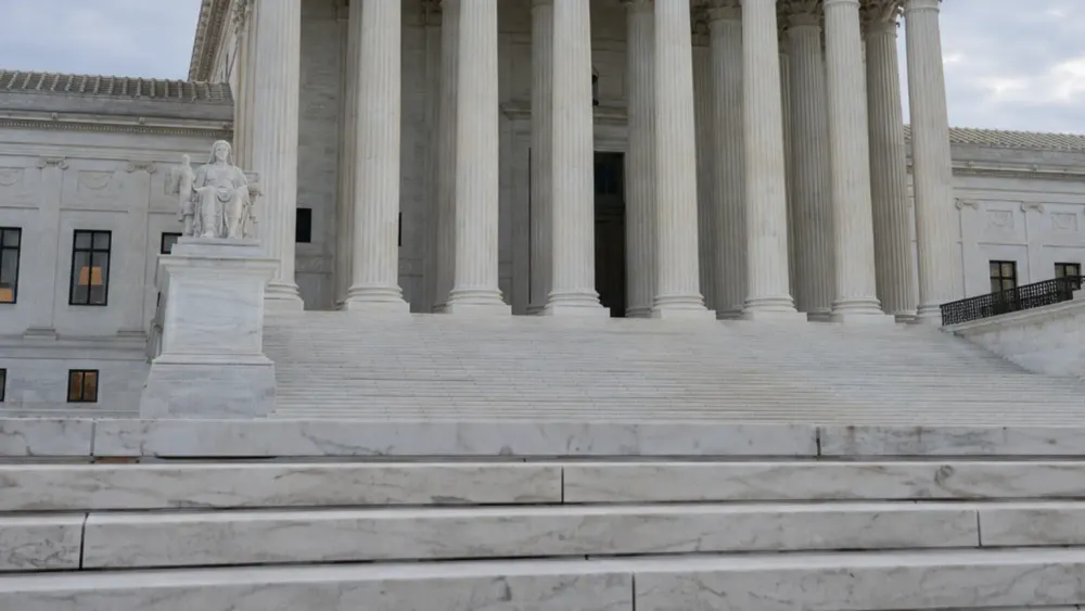 The marble columns and steps of the U.S. Supreme Court building in Washington.