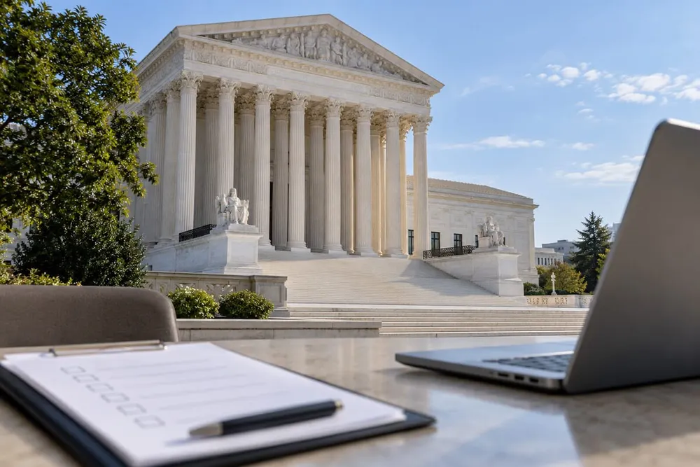 The U.S. Supreme Court building behind an unmarked voter-registration checklist and laptop