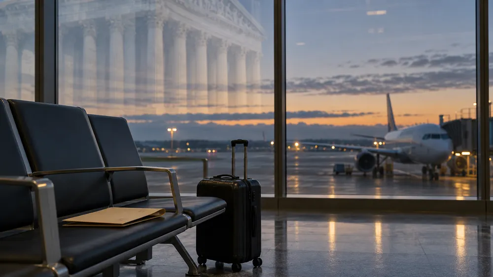 An empty airport seat, closed suitcase and blank folder face an unbranded aircraft, with courthouse columns reflected in the window.