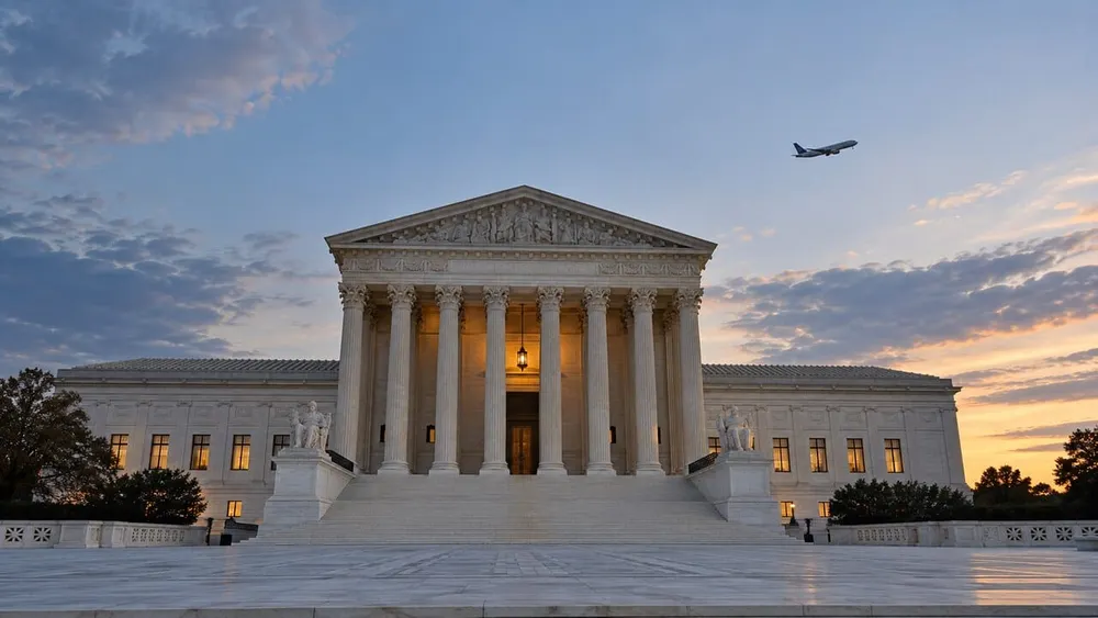The U.S. Supreme Court building at dusk with a distant passenger aircraft crossing the sky.