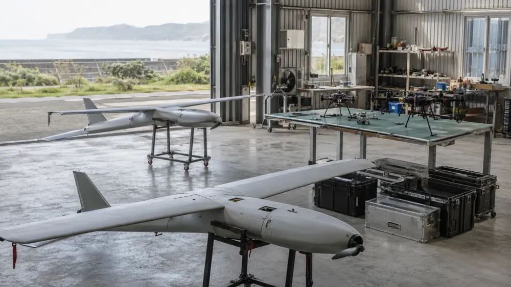 Unbranded fixed-wing reconnaissance drones and quadcopters on maintenance stands in a coastal technology hangar
