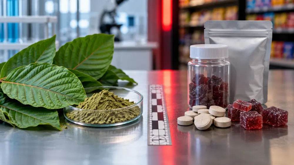 Kratom leaves and powder beside anonymous tablets and gummies in a laboratory and convenience-store setting