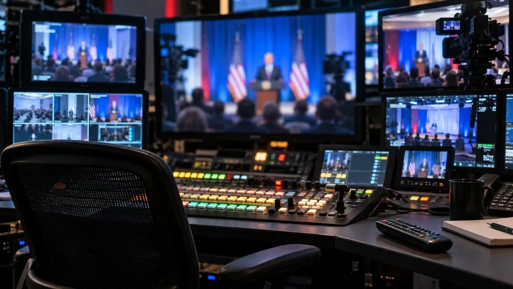 A television broadcast control room displays blurred footage of a government podium on multiple monitors.