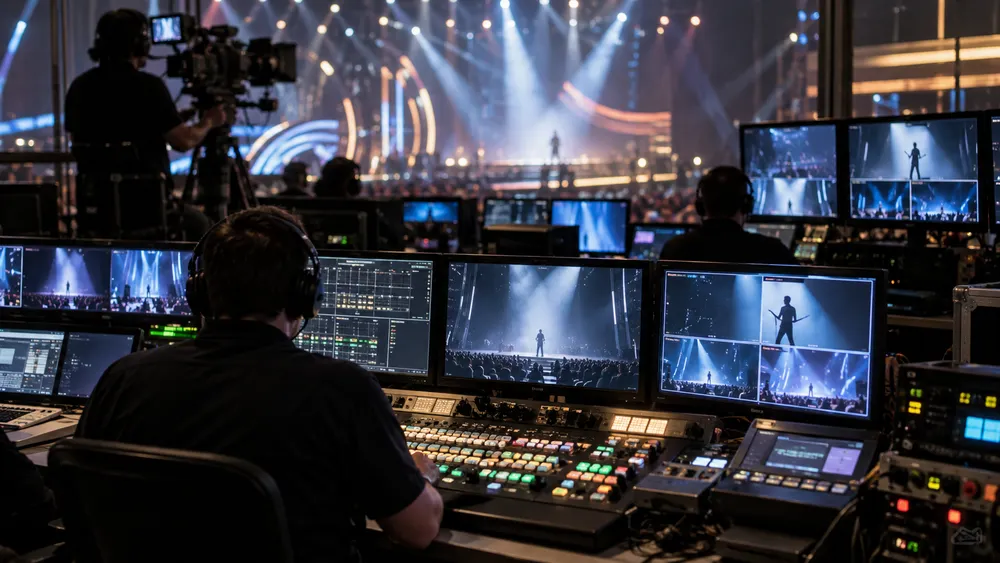 A professional broadcast control room prepared for a music-video premiere, with camera monitors, editing equipment and stage lighting.